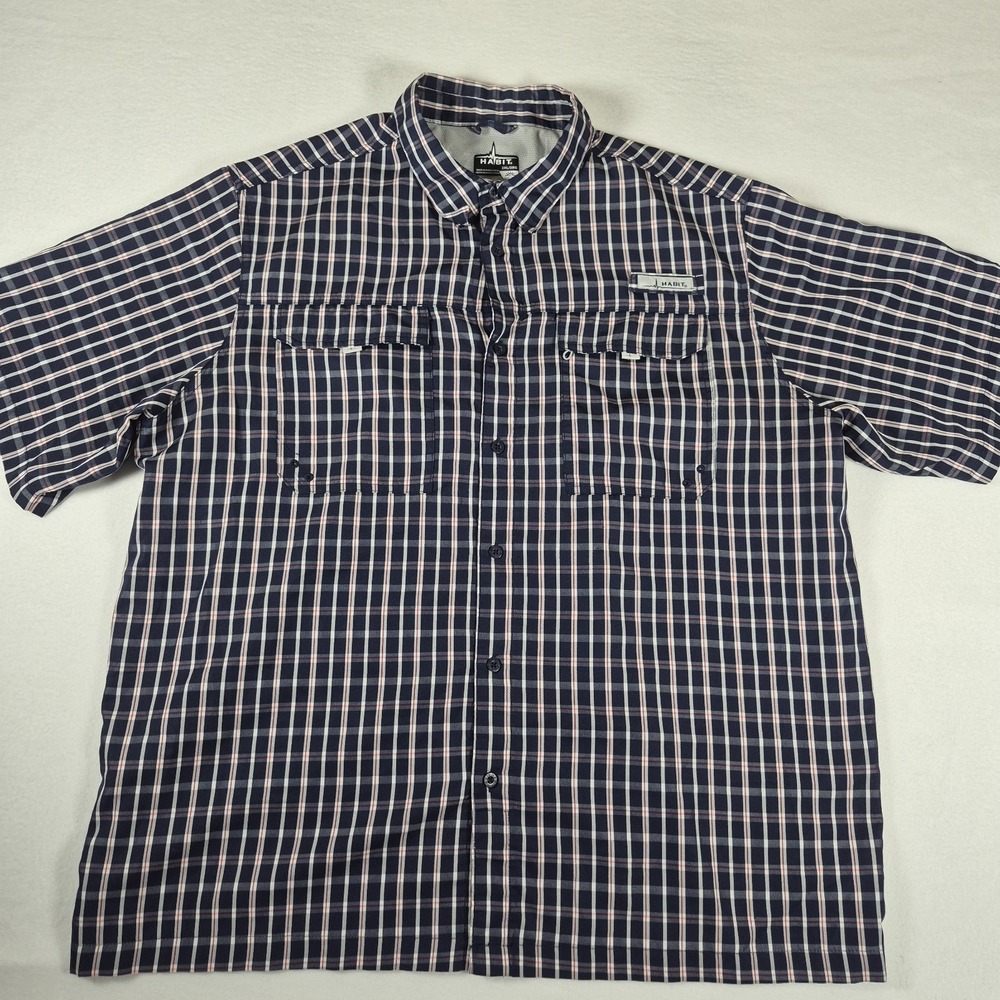 Habit Fishing Shirt Men's 2XL Navy Blue Red Short Sleeve Button Down Vented